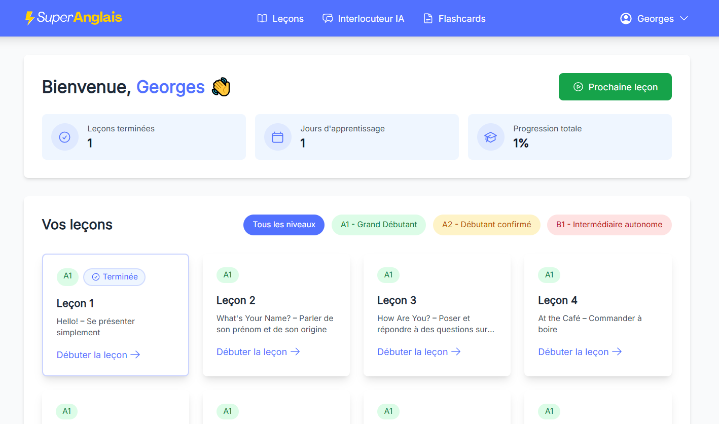 Interface du tableau de bord SuperAnglais