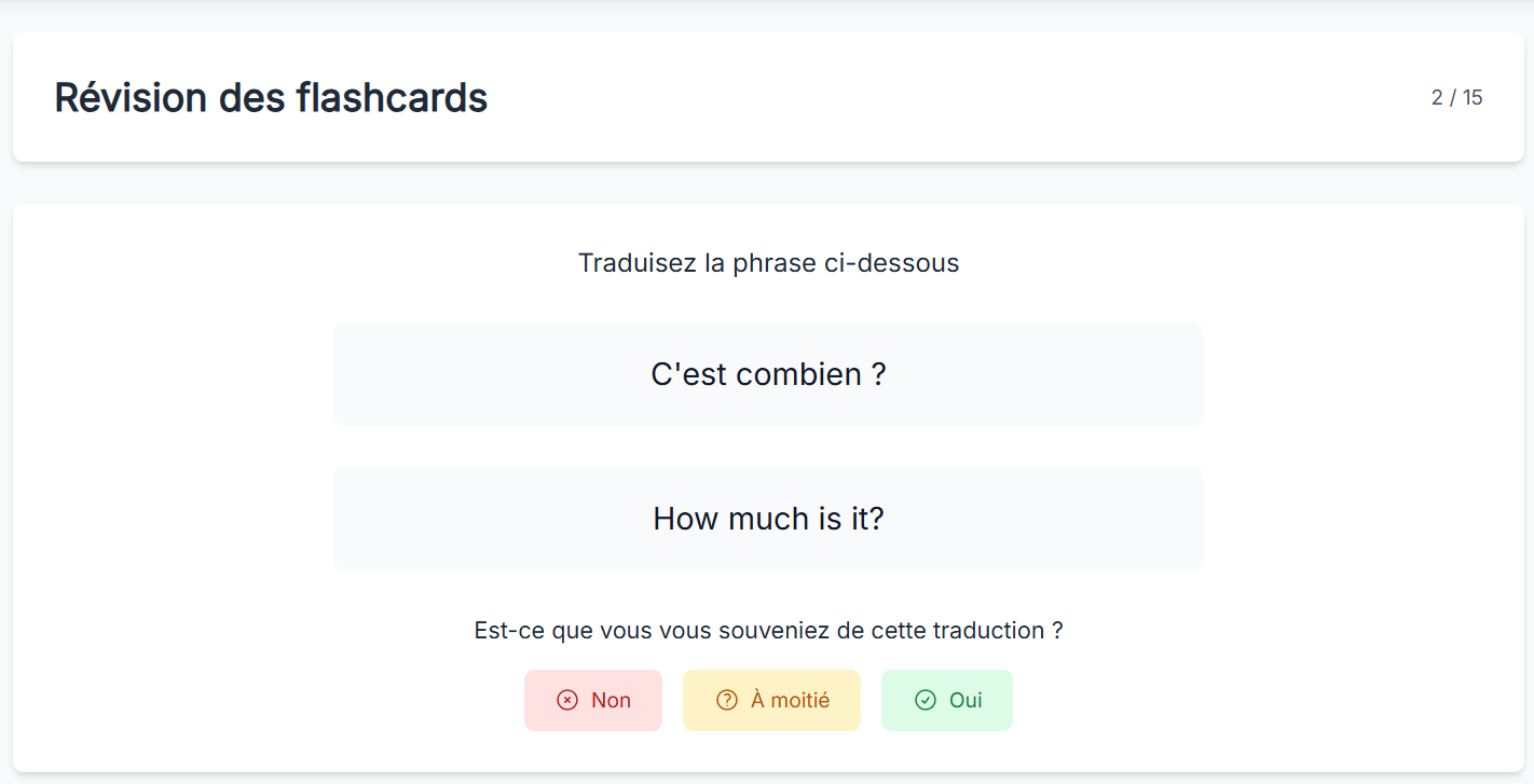 Interface des flashcards SuperAnglais