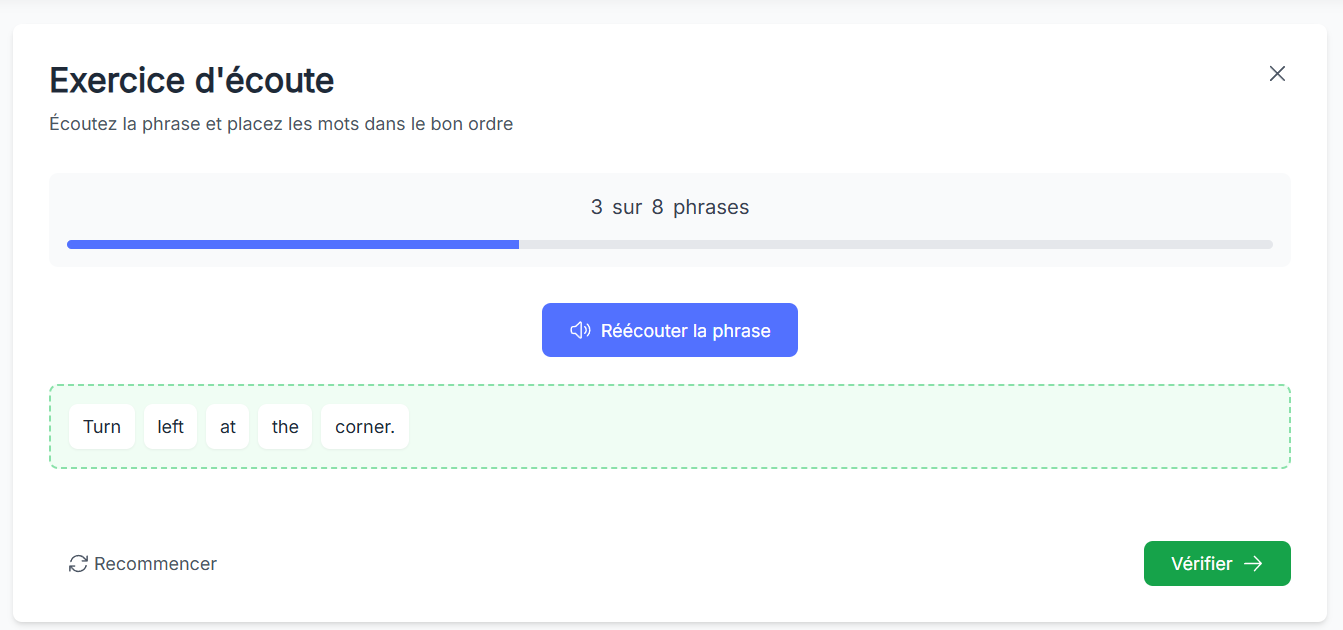 Interface des exercices pratiques SuperAnglais